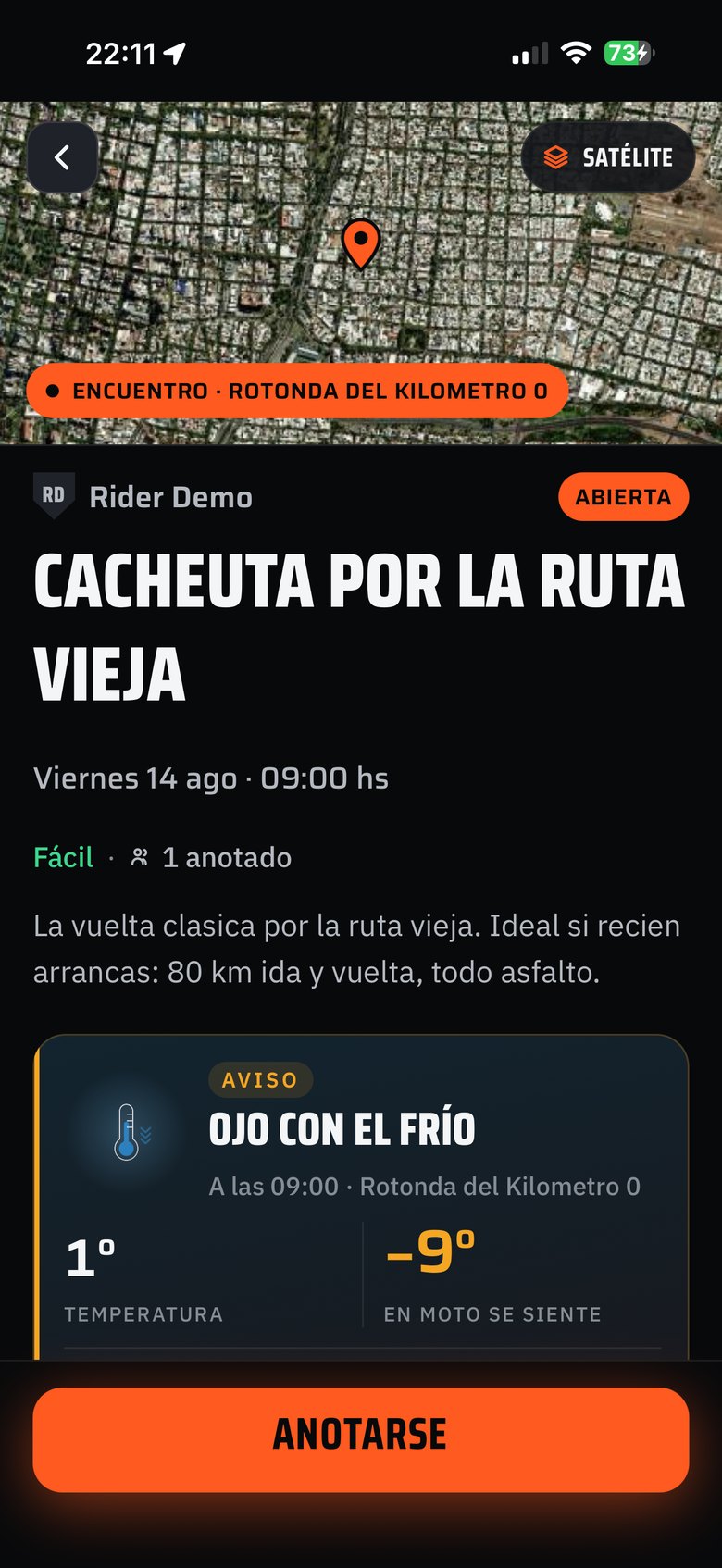 Ficha real de una salida con el aviso de clima: Ojo con el frío — 1 grado, y en moto se siente como 9 bajo cero