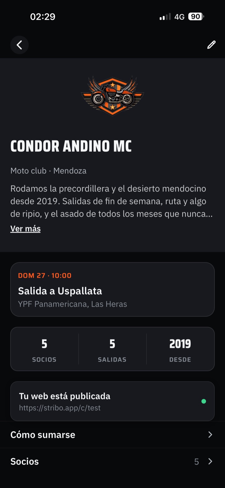 La ficha de un club en la app: su escudo, su próxima salida y sus números — 5 socios, 5 salidas, desde 2019