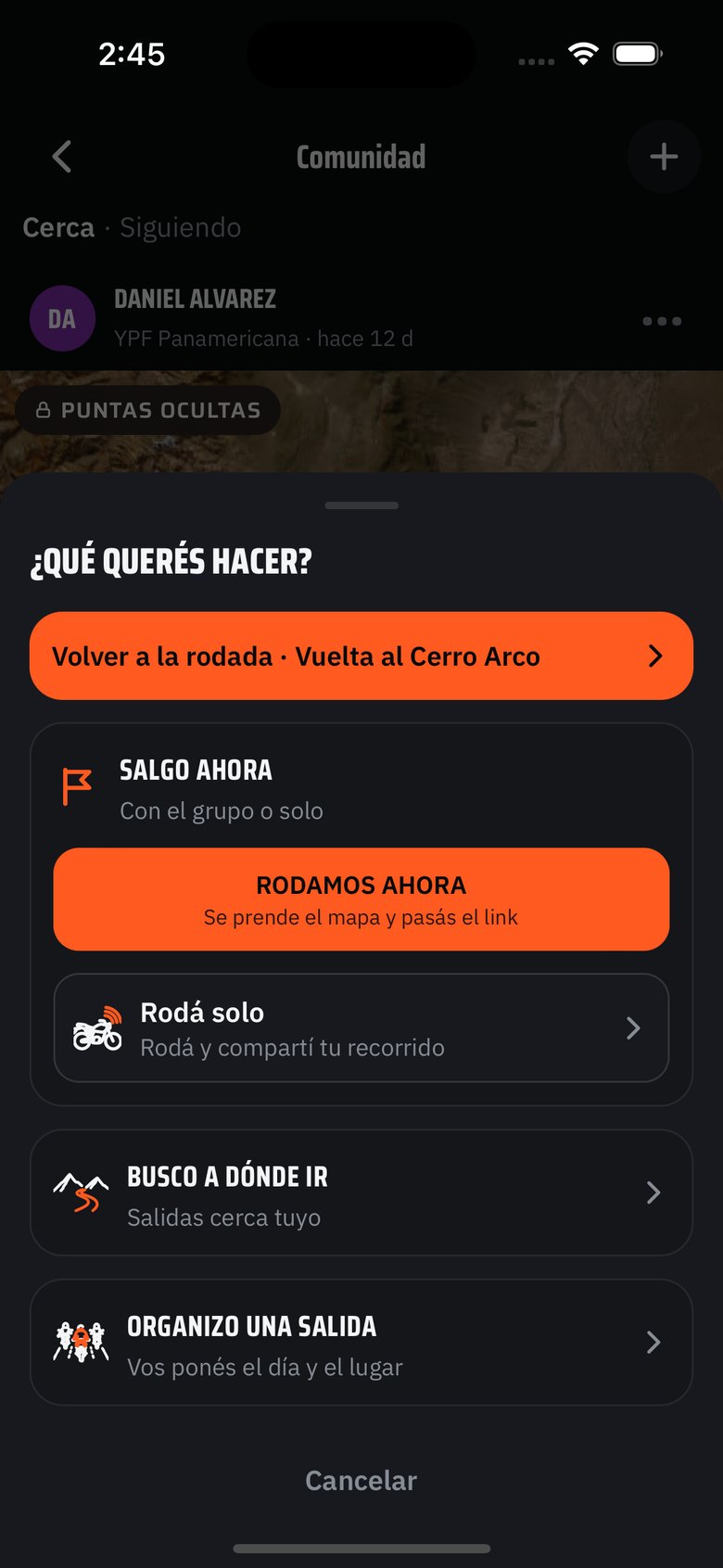 La hoja del botón RODAR con «Rodamos ahora».