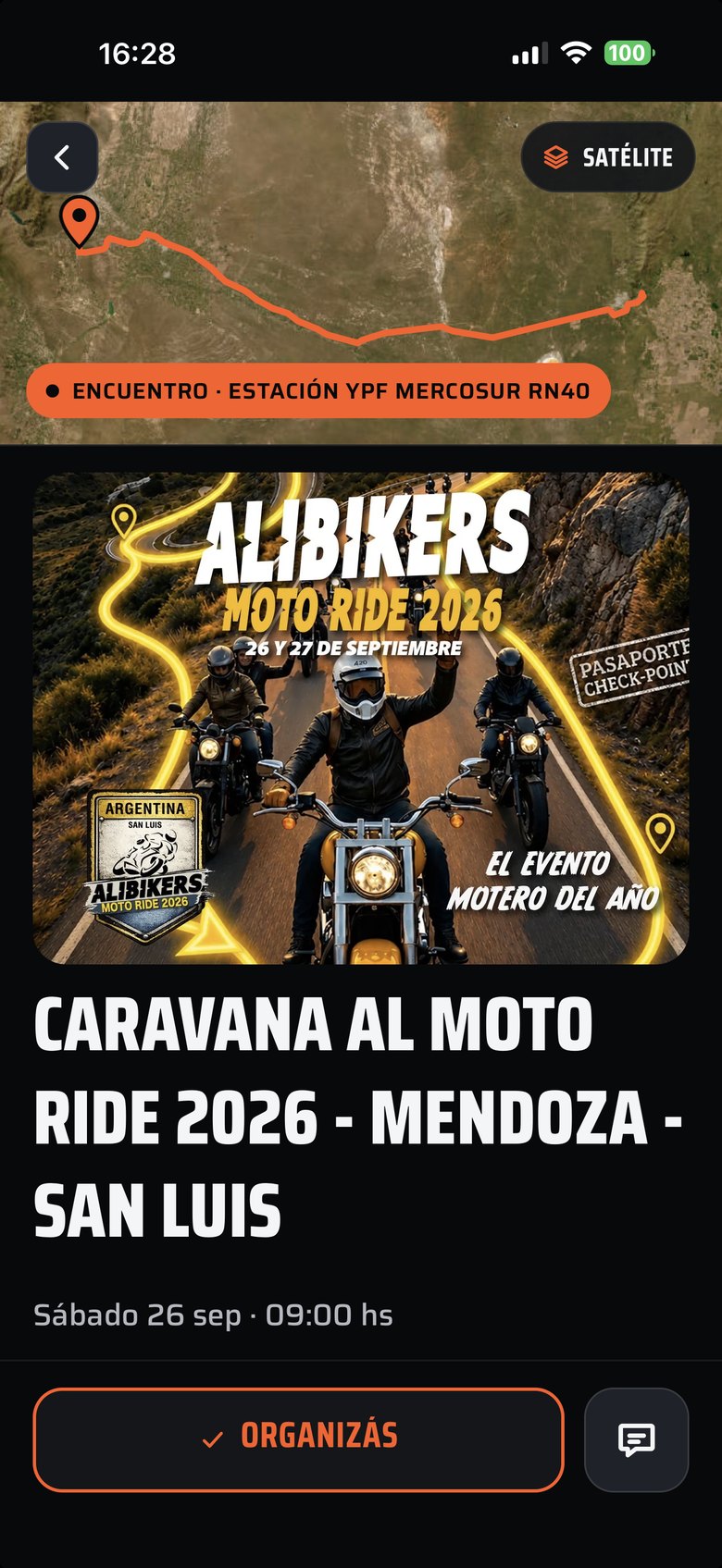 La ficha de una salida en STRIBO: el recorrido sobre el mapa satelital, el punto de encuentro en la estación YPF, el flyer del Alibikers Moto Ride 2026 y la fecha.
