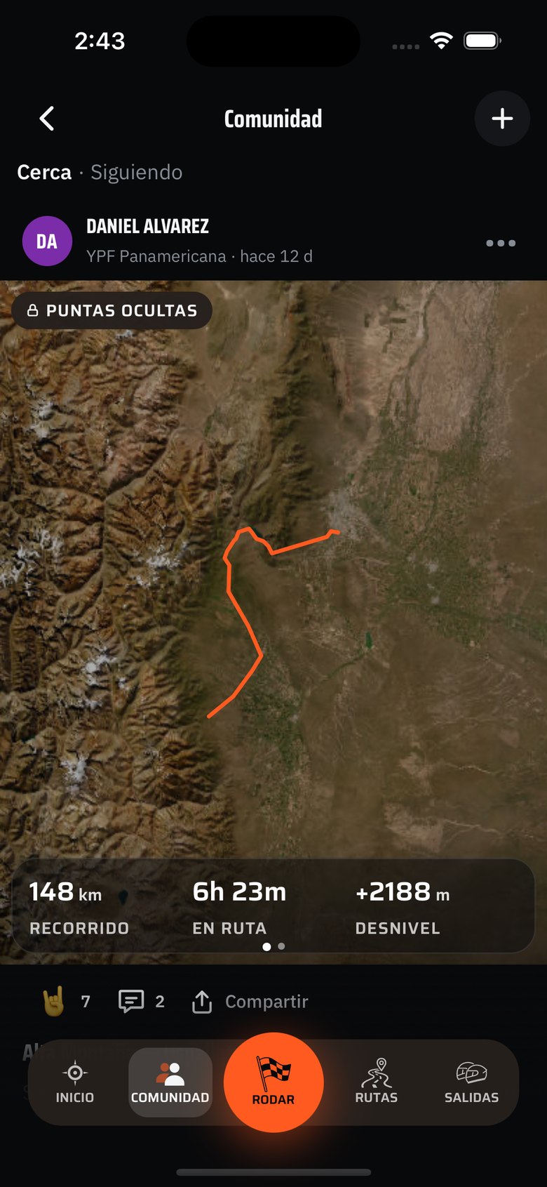 El feed: un recorrido de 148 km publicado, con las puntas del mapa ocultas.