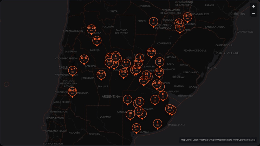 El mapa del calendario con los motoencuentros publicados en todo el país, cada uno con su fecha